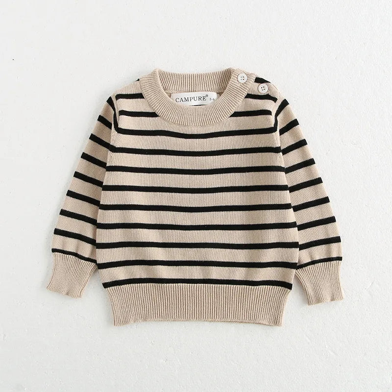 Classic Striped Baby Sweatshirt with Shoulder Buckle in white stripe