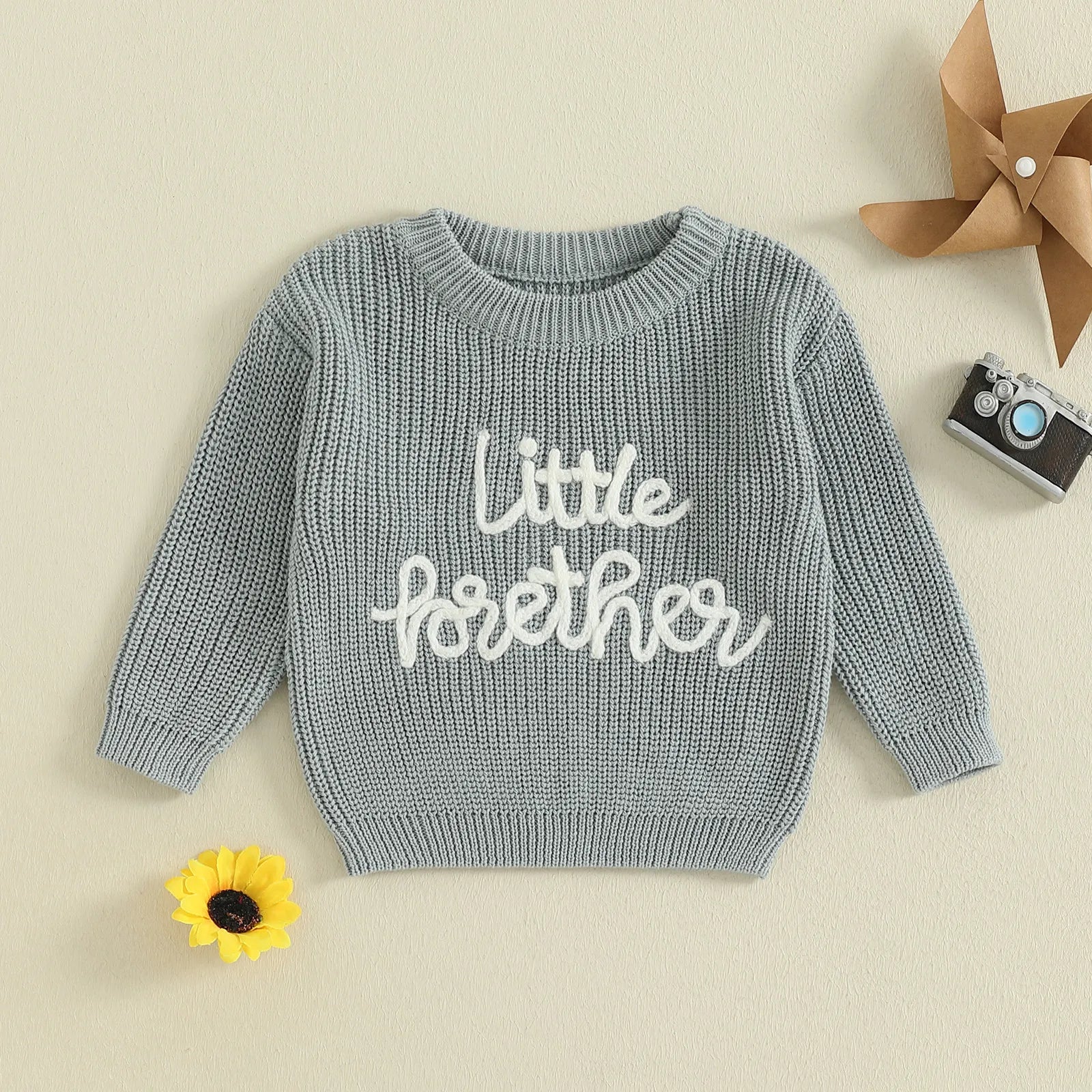 Baby boy autumn winter sweater with letter embroidery knit jumper top in gray color