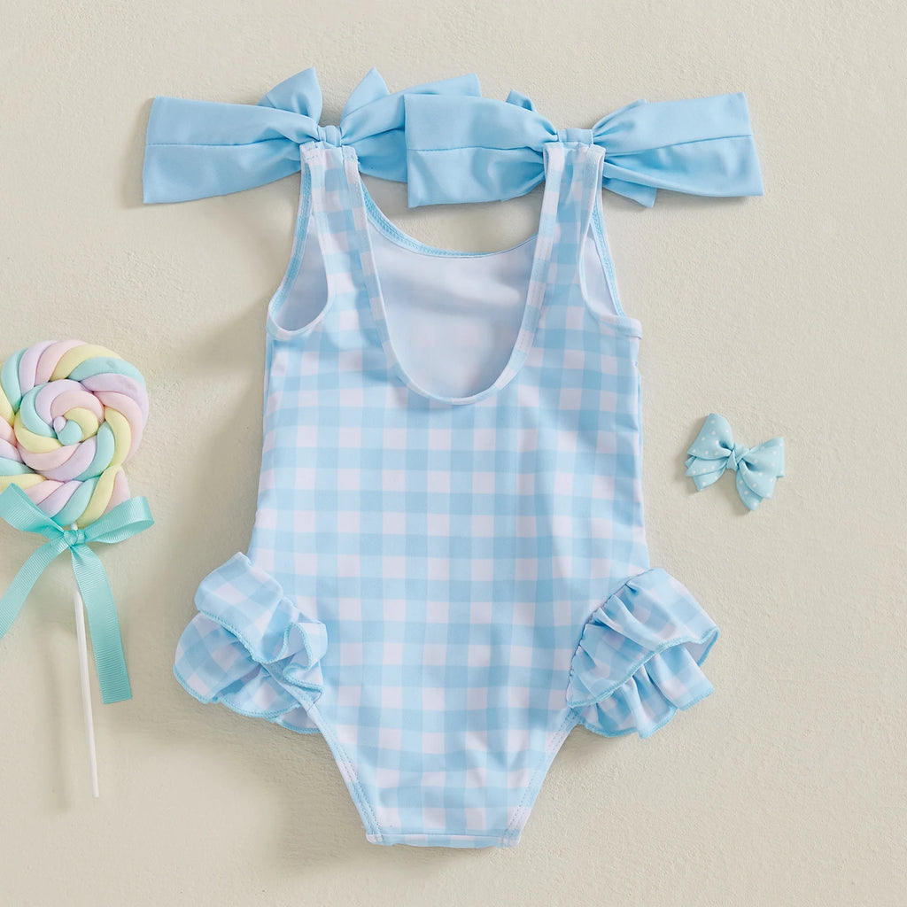 Plaid Print Girls Swimsuit with Ruffles and Double Bowknot