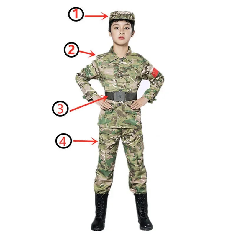 Child wearing tan camouflage army soldier costume with cap, belt, top, and pants