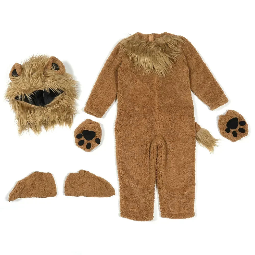 Lion costume pieces laid out including jumpsuit, hood, gloves, and tail
