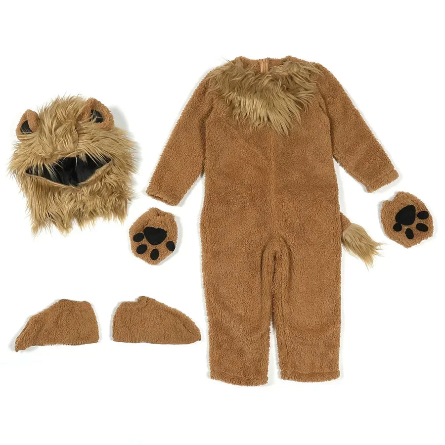 Lion costume pieces laid out including jumpsuit, hood, gloves, and tail