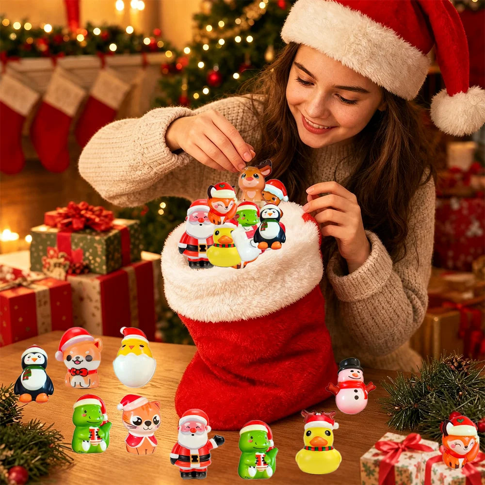 Assorted Christmas squishy figures displayed around a red stocking
