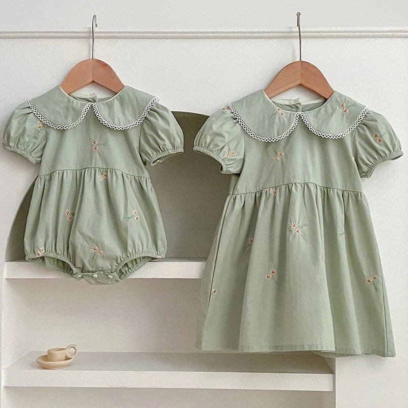 Embroidered Floral Cotton Baby Girl Party Dress and Romper Set in Green