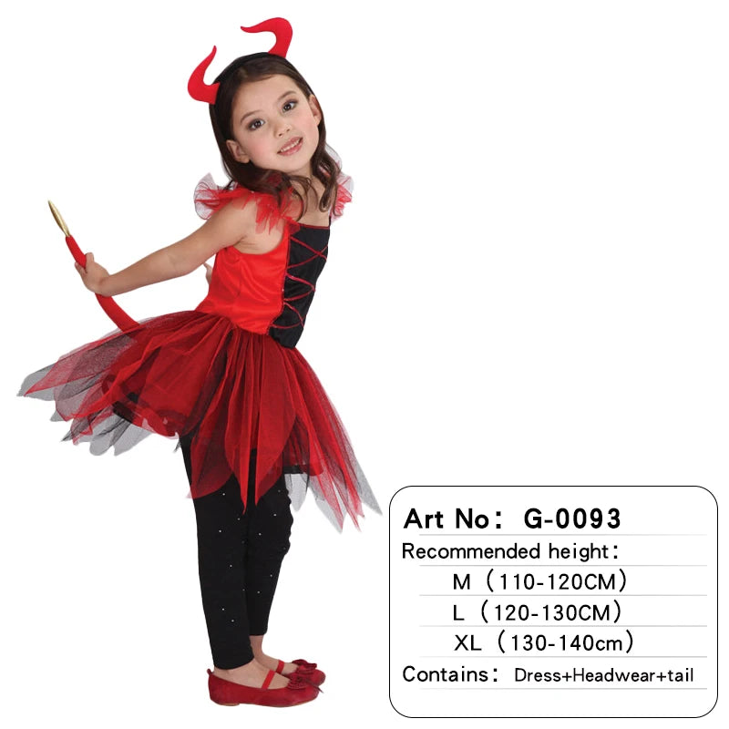 Girl wearing red and black devil costume dress with headband horns and tail accessory