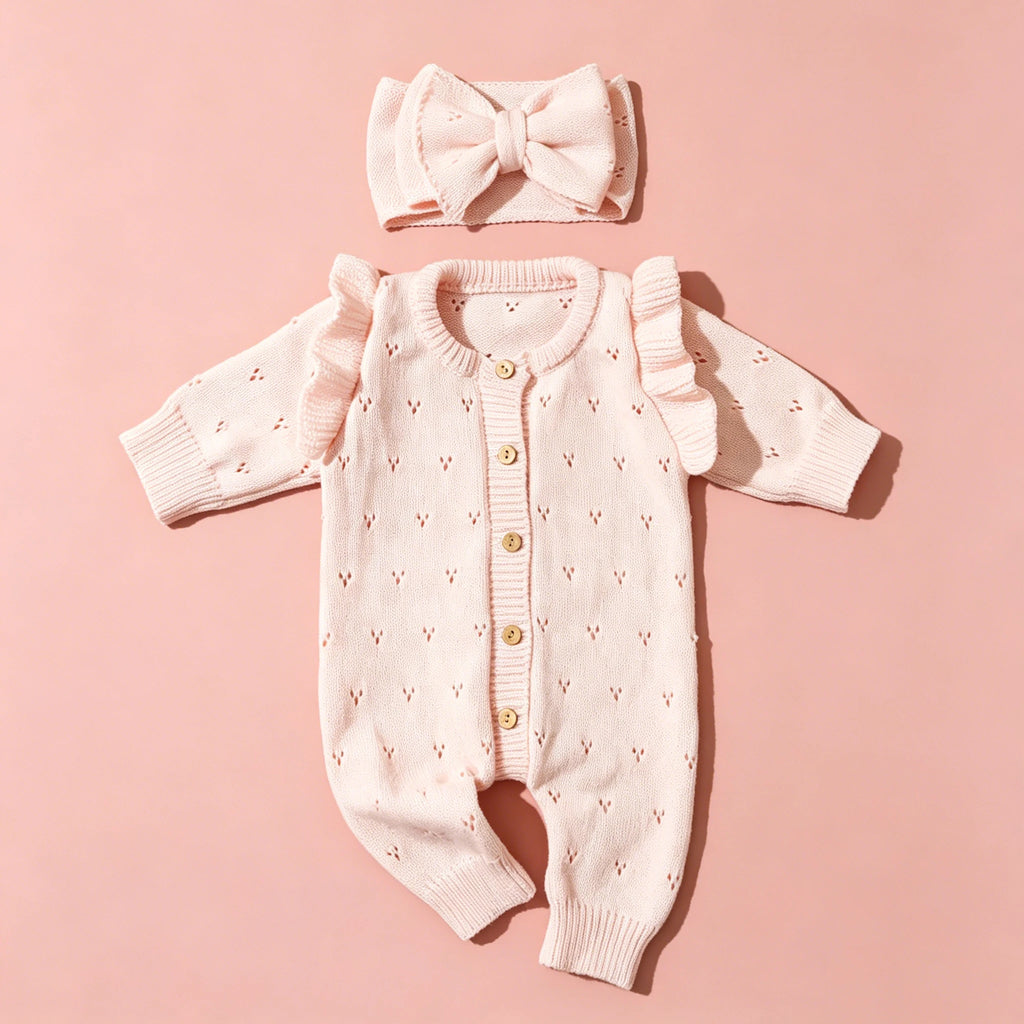 Soft Knit Romper with Heart Pattern and Ruffle Sleeves in Pink