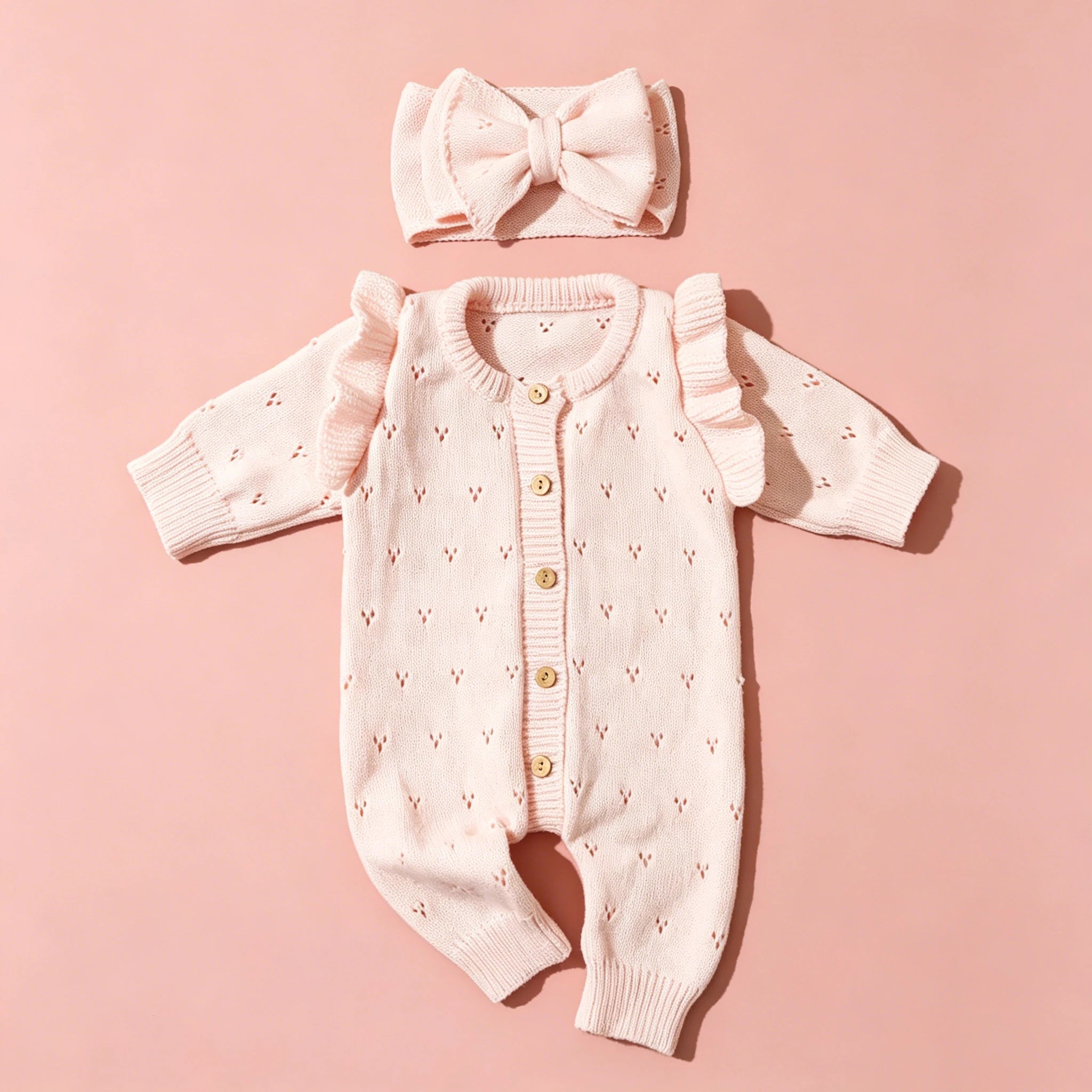 Soft Knit Romper with Heart Pattern and Ruffle Sleeves in Pink