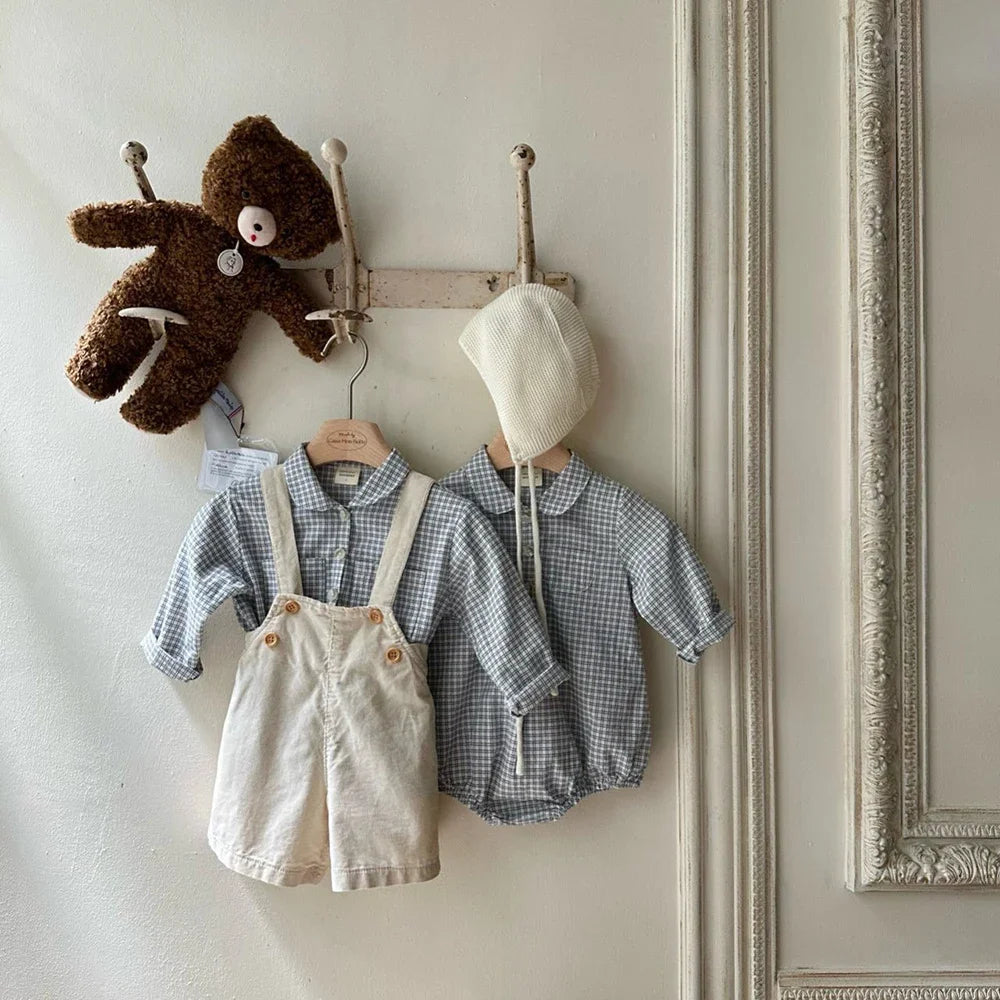 Petite Check Collar Romper - Blue