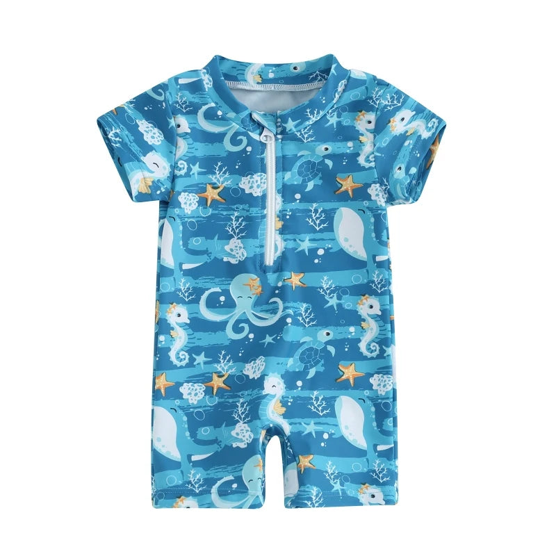 Baby Boys Summer Swimwear Beach Swimming Suit Cute Sea Element Prints Zipper Short Sleeve Monokini Swimsuit