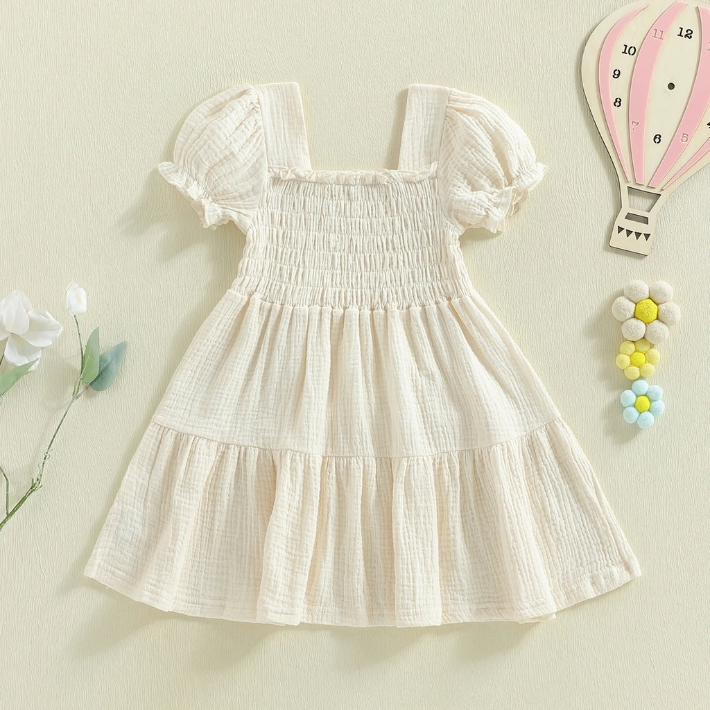 Ivory smocked puff-sleeve dress front view