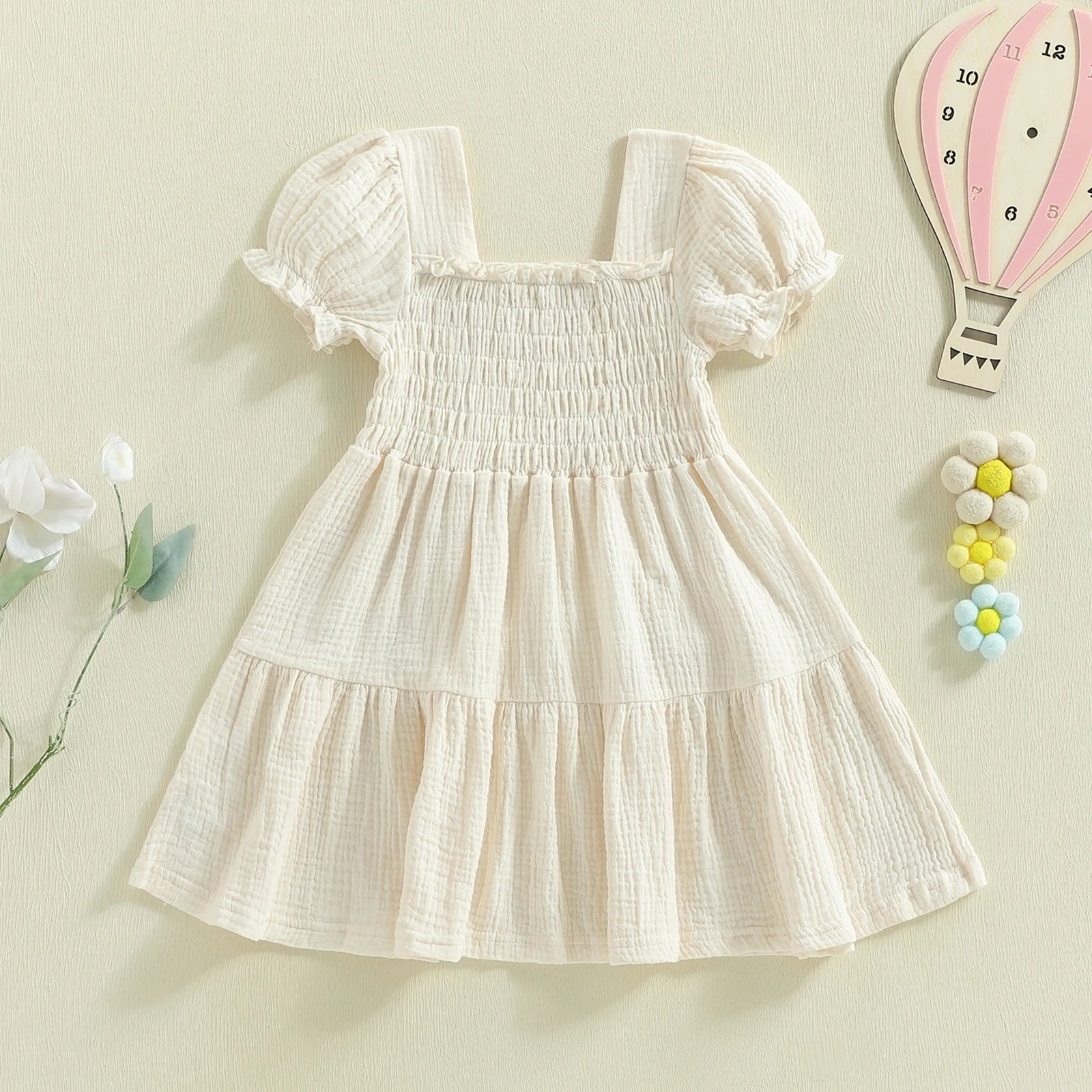Ivory smocked puff-sleeve dress front view