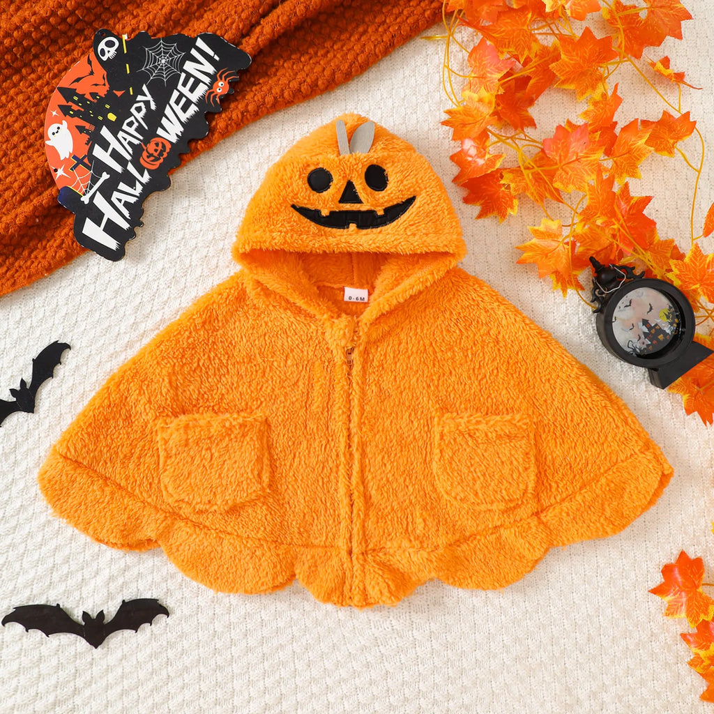 Orange pumpkin fleece cloak costume with hood and jack-o'-lantern face