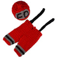 Red crochet baby firefighter costume set with hat and suspenders trousers