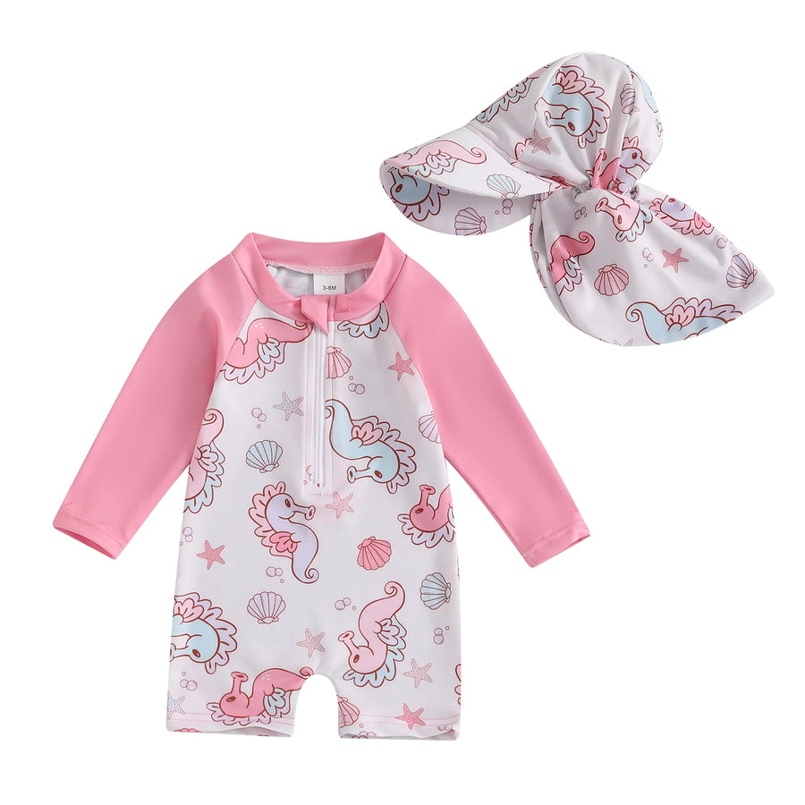 Floral Zip-Up Swimwear Set with Hat for Toddlers