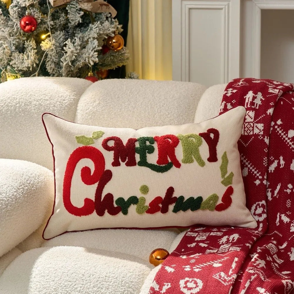 Christmas embroidered pillow cover, A-30x50cm, featuring red and green Merry Christmas script lettering with holly details.