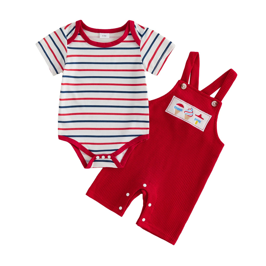Two-piece patriotic baby outfit with striped bodysuit and red romper