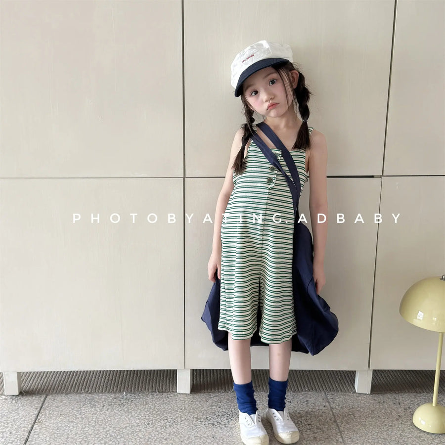 Summer Children Loose Overalls Girls Sling Jumpsuit Cotton Boys Thin Striped Strap Shorts Clothes