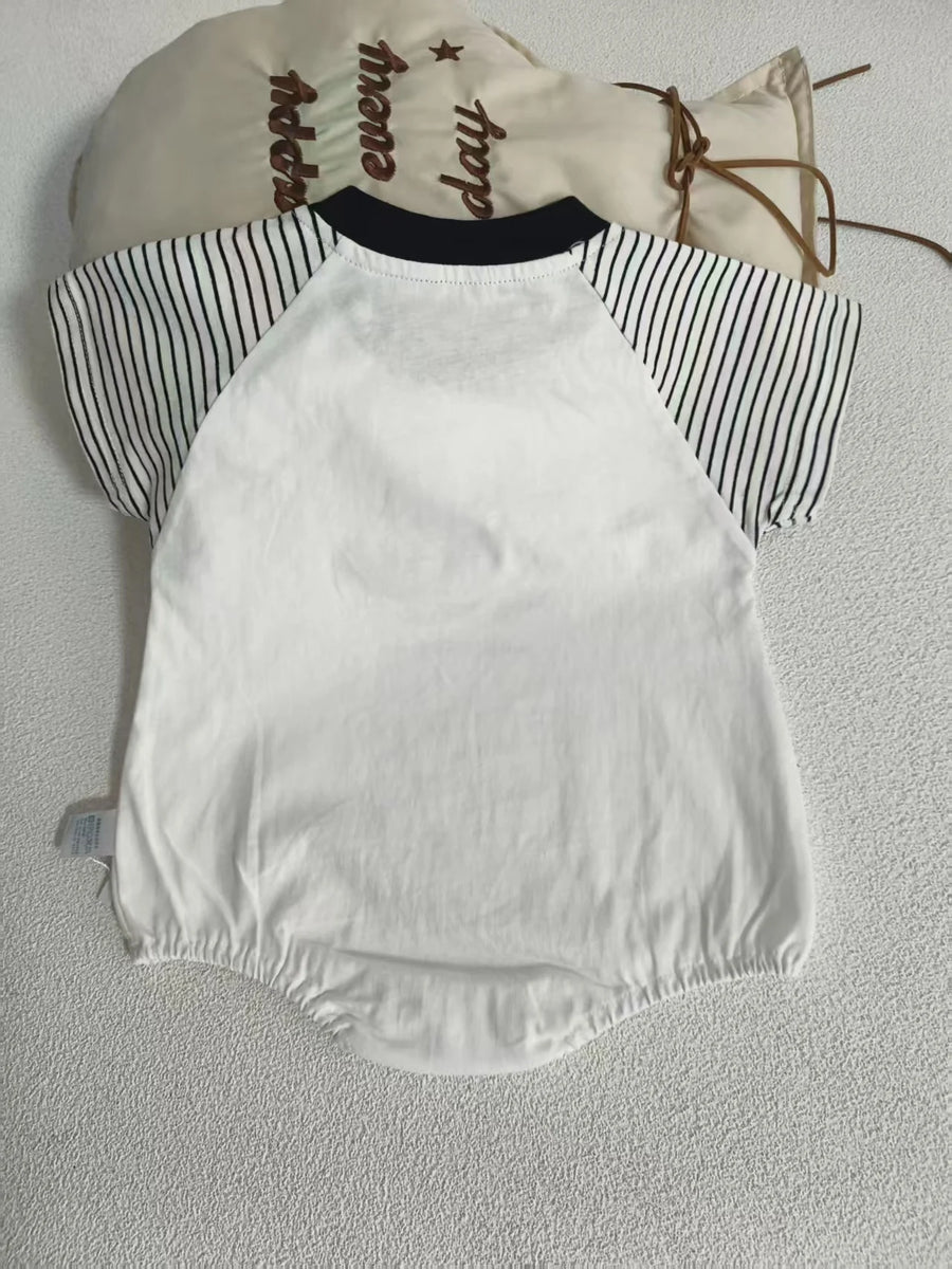 Striped Cotton Baby Romper with Dog Appliqué
