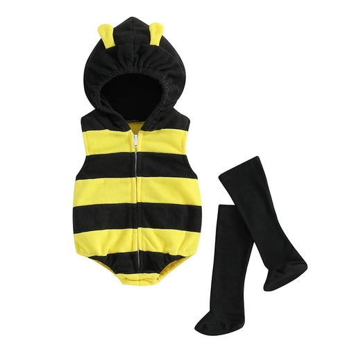 Infant bee striped romper costume with hood and antennae, paired with black stockings