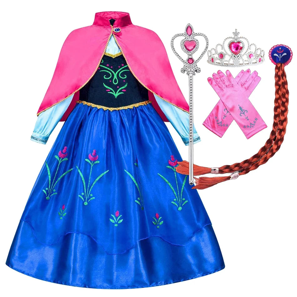 Blue floral princess dress costume set with cape, tiara, wand, gloves, and braided hairpiece