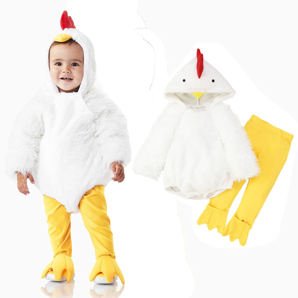 Baby wearing white chick costume with hooded romper and yellow pants with foot covers