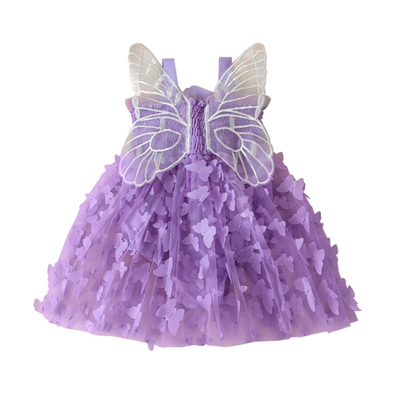 Purple butterfly wings tulle romper dress for baby girls styled with shoes