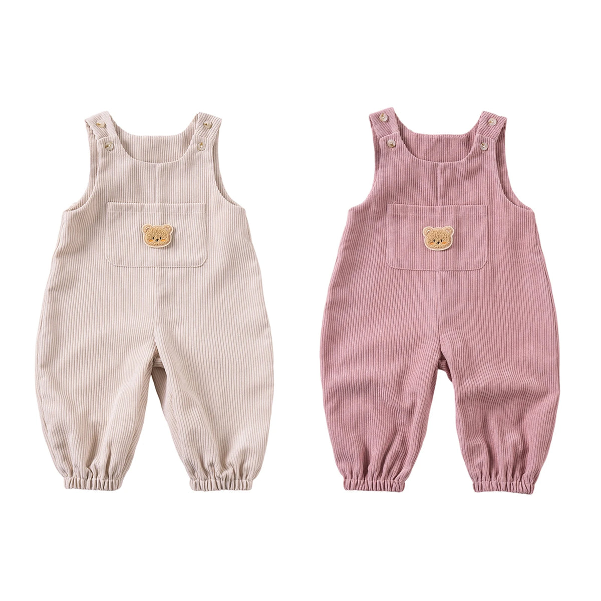 Corduroy Sleeveless Baby Jumpsuit with Bear Embroidery and Front Pocket