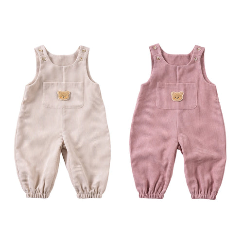 Corduroy Sleeveless Baby Jumpsuit with Bear Embroidery and Front Pocket
