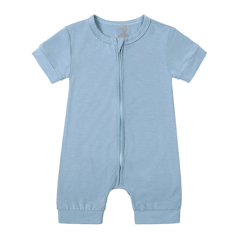 Soft Bamboo Short Sleeve Zip Romper - Powder Blue