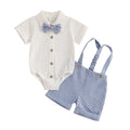 Baby Boy in Khaki Gentleman Romper Set with Suspenders and Bowtie
