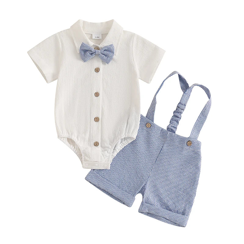 Baby Boy in Khaki Gentleman Romper Set with Suspenders and Bowtie