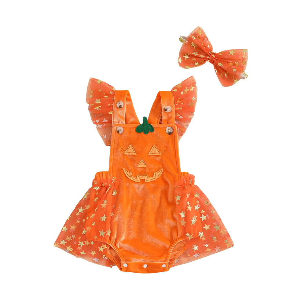 Orange baby romper with pumpkin face, star print tulle skirt, and matching bow headband