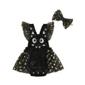 Black baby romper with cat face, star print tulle skirt, and matching bow headband