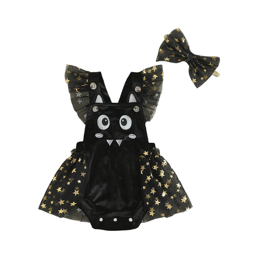 Black baby romper with cat face, star print tulle skirt, and matching bow headband