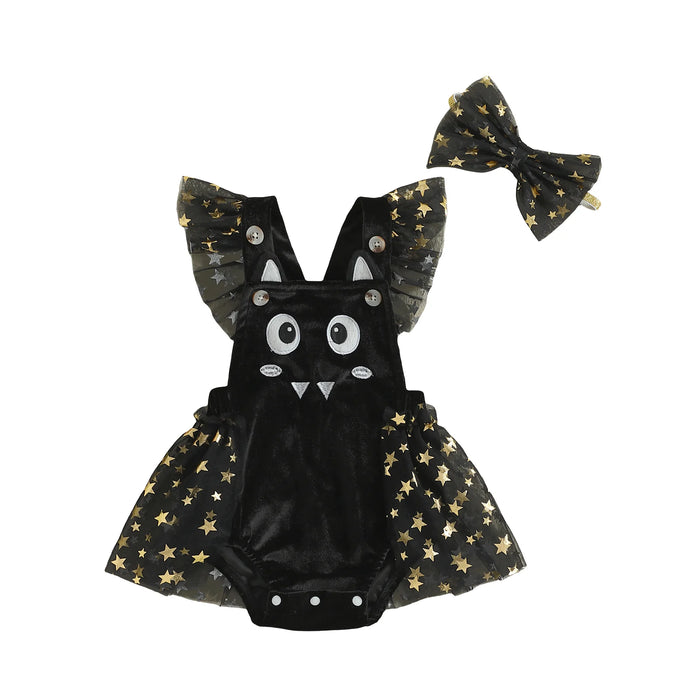 Baby Halloween Romper with Star Tulle and Bow Headband Costume