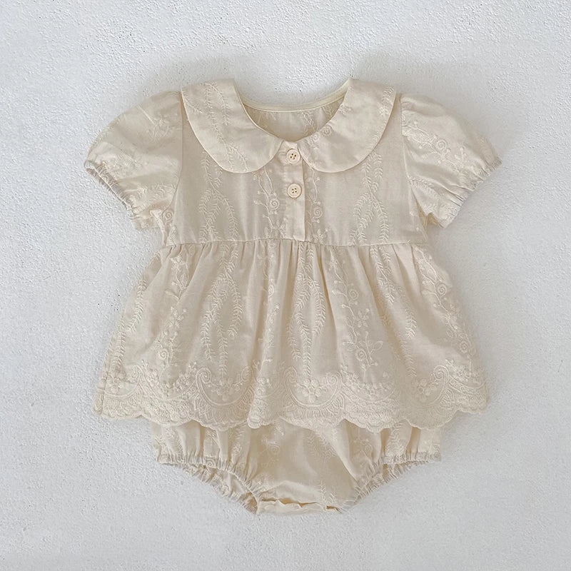 Embroidered cotton princess dress and romper set for girls