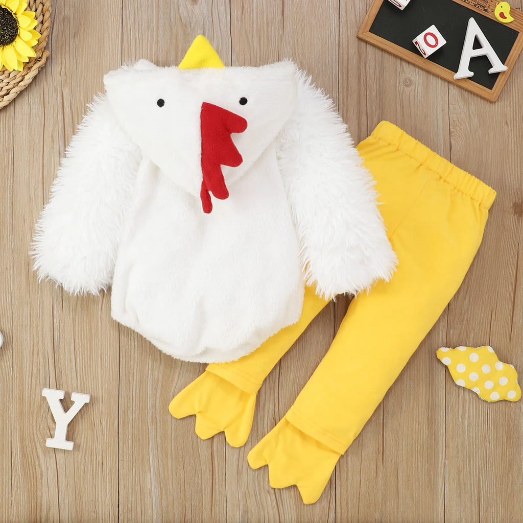 Flat lay of white chick costume set with hooded romper and yellow pants