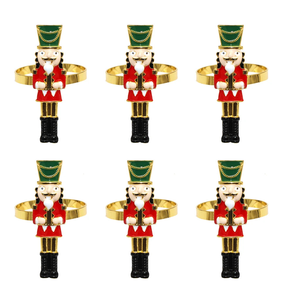 Green Hat Christmas Nutcracker Napkin Rings — Set of 6. A nutcracker with a tall green hat, red jacket, and black boots.