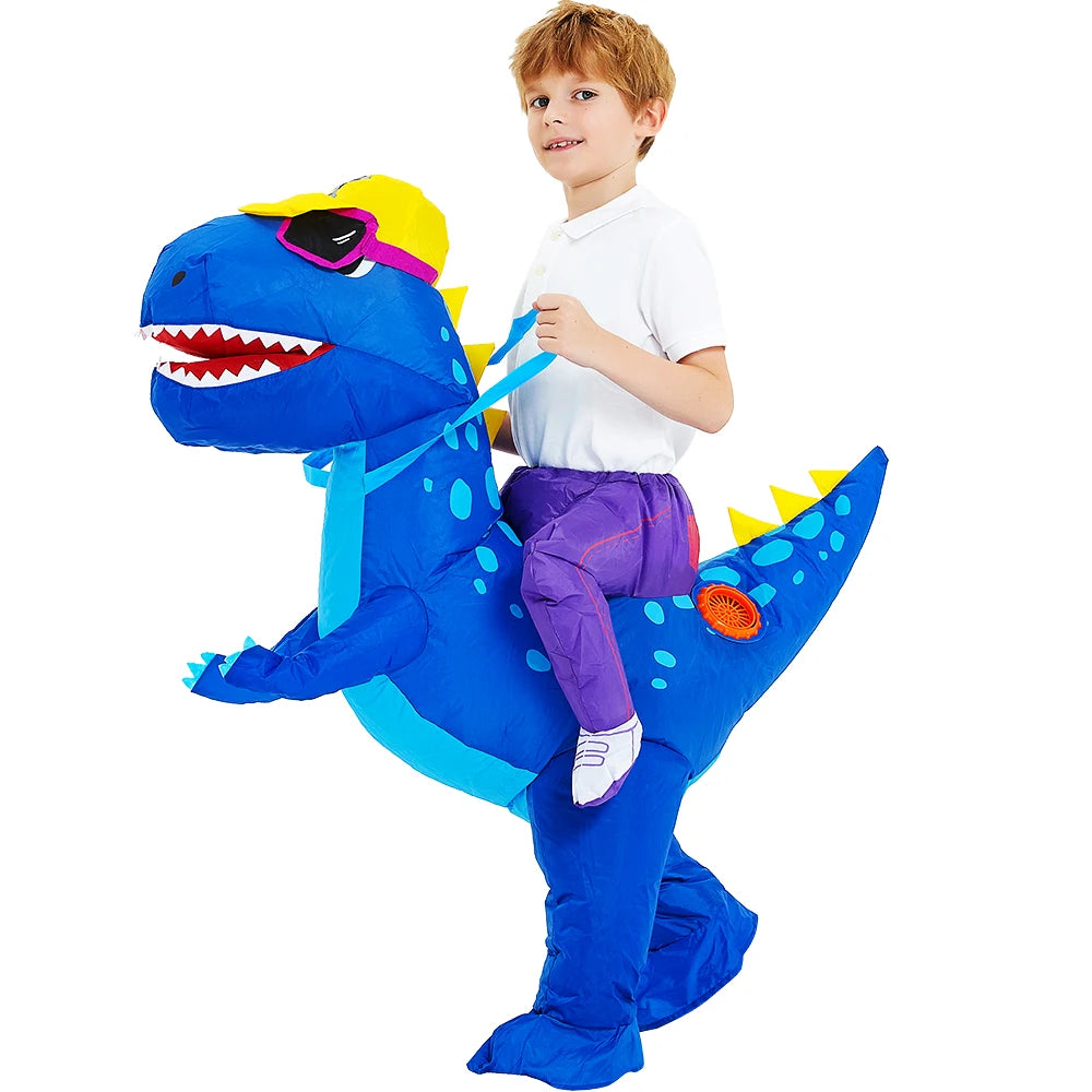 Child wearing blue inflatable dinosaur costume with yellow spikes and purple accents