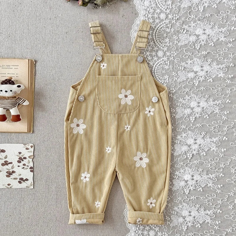 Floral Embroidered Corduroy Overalls