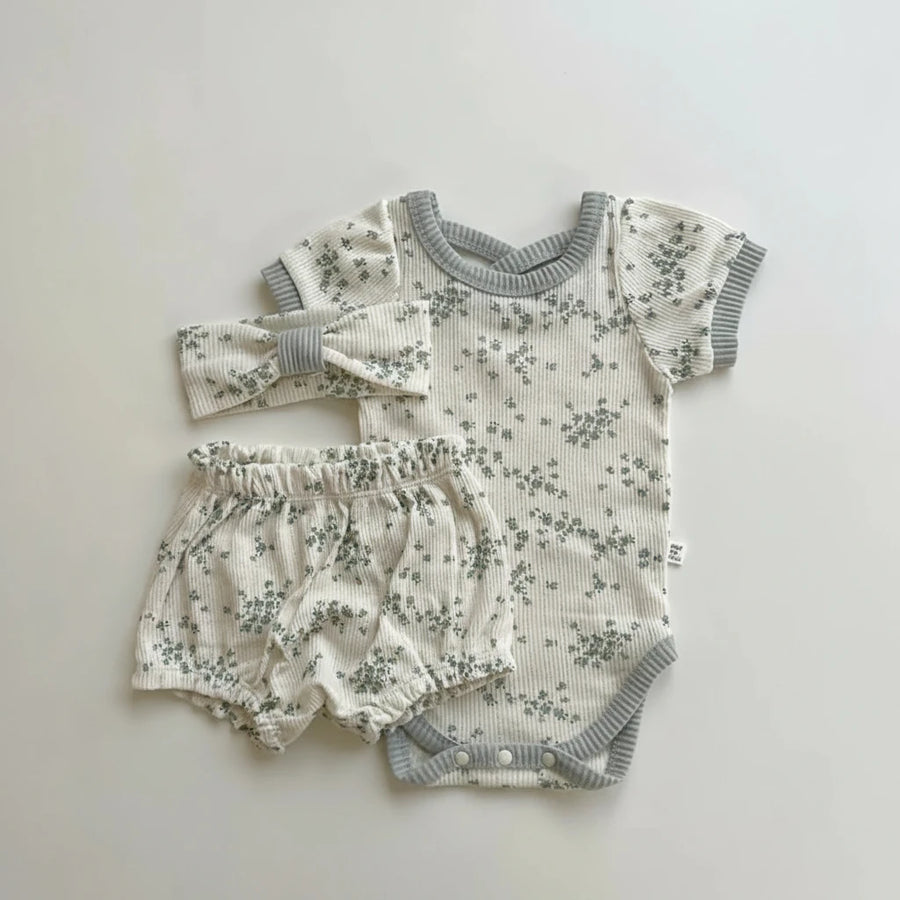 Floral Short Sleeve Romper Set shorts detail