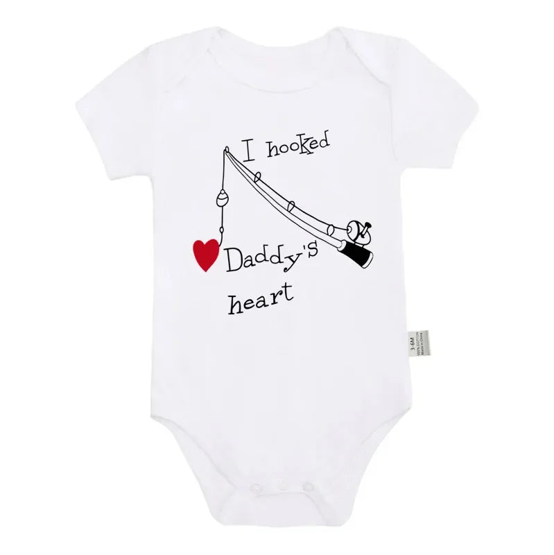 Flat Lay of Daddy's Heart Printed Baby Romper in Various Colors