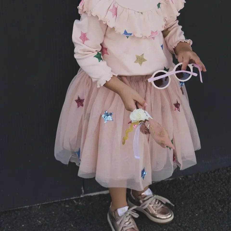 Girls Star Sequins Mesh Princess Dress with Casual Skirt