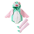 Owl themed baby costume set with hooded romper and striped socks