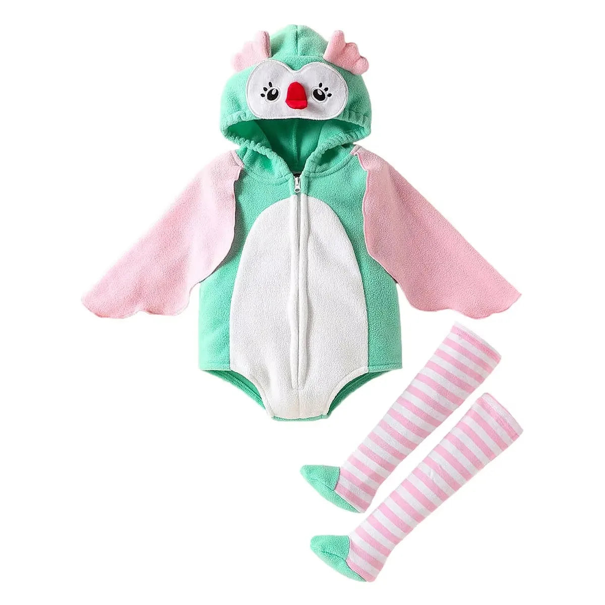 Owl themed baby costume set with hooded romper and striped socks
