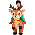Child wearing inflatable reindeer costume with brown antlers and red collar