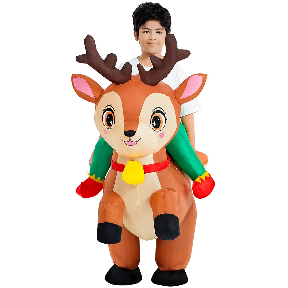 Child wearing inflatable reindeer costume with brown antlers and red collar