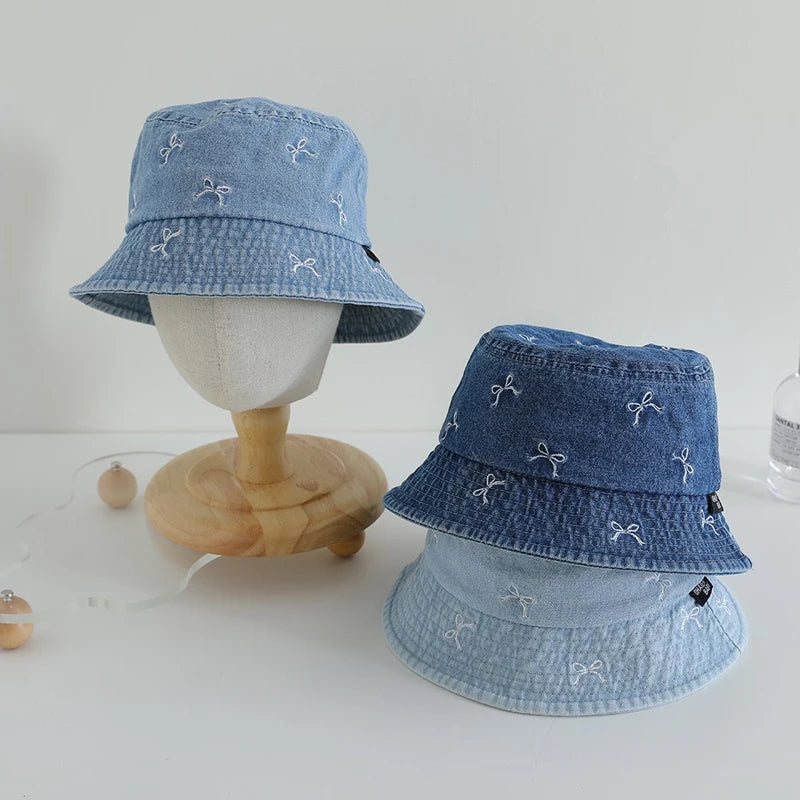 Side view of Bow Detail Fisherman Hat in Denim