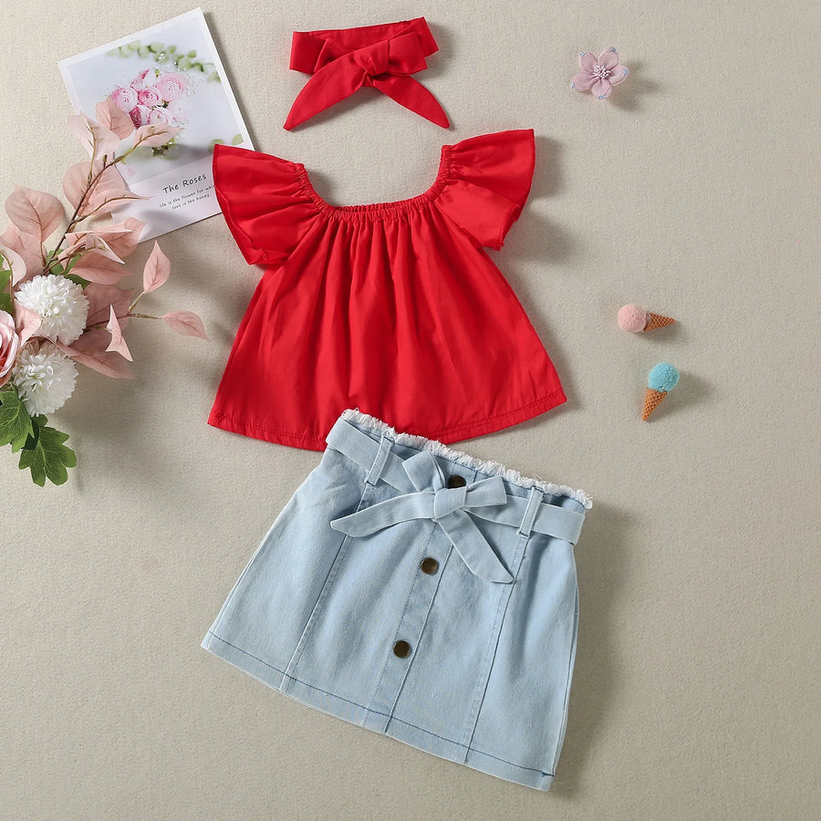 Three-piece crimson top, blue skirt, and bow headband outfit set