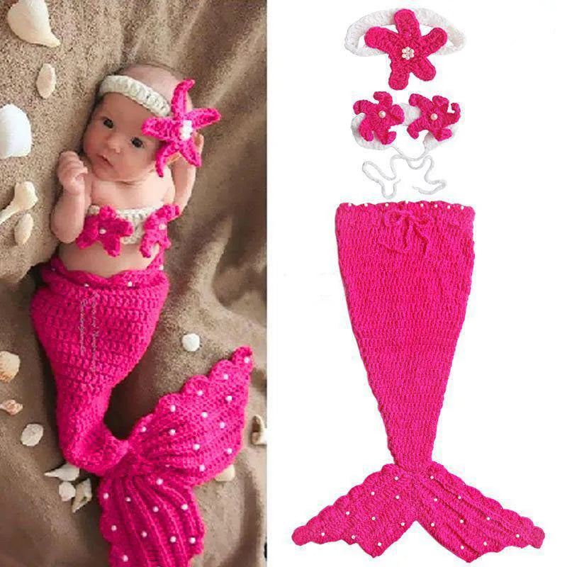 Hot pink crochet baby mermaid costume set with starfish headband